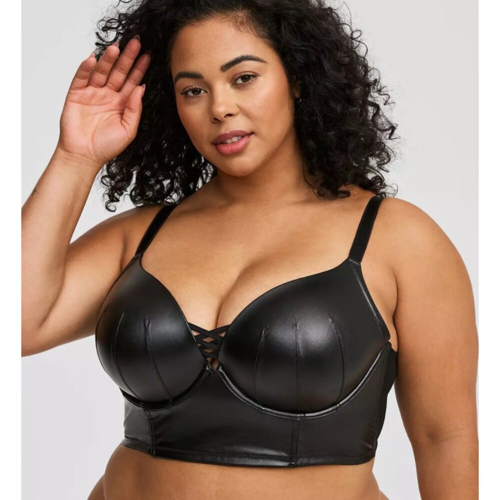 NWT Torrid Black Faux Leather XO Plunge Push-Up Bra 44DDD